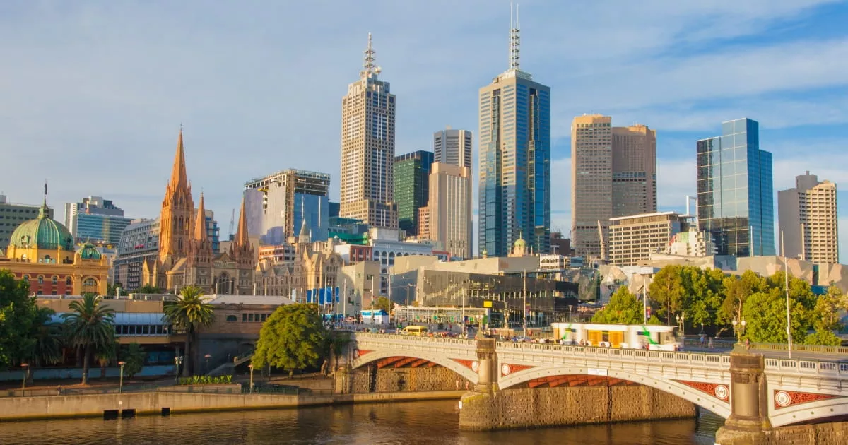 Melbourne CBD skyline viewed across the Yarra River and Princes Bridge